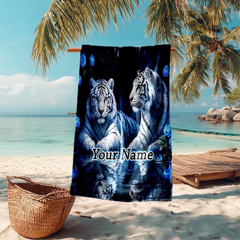 1PC Custom Name White Tigers Reflection Beach Towel Highly Absorbent And Sand-Resistant Towel for Swimming, Pool, Yoga, And Travel Lightweight