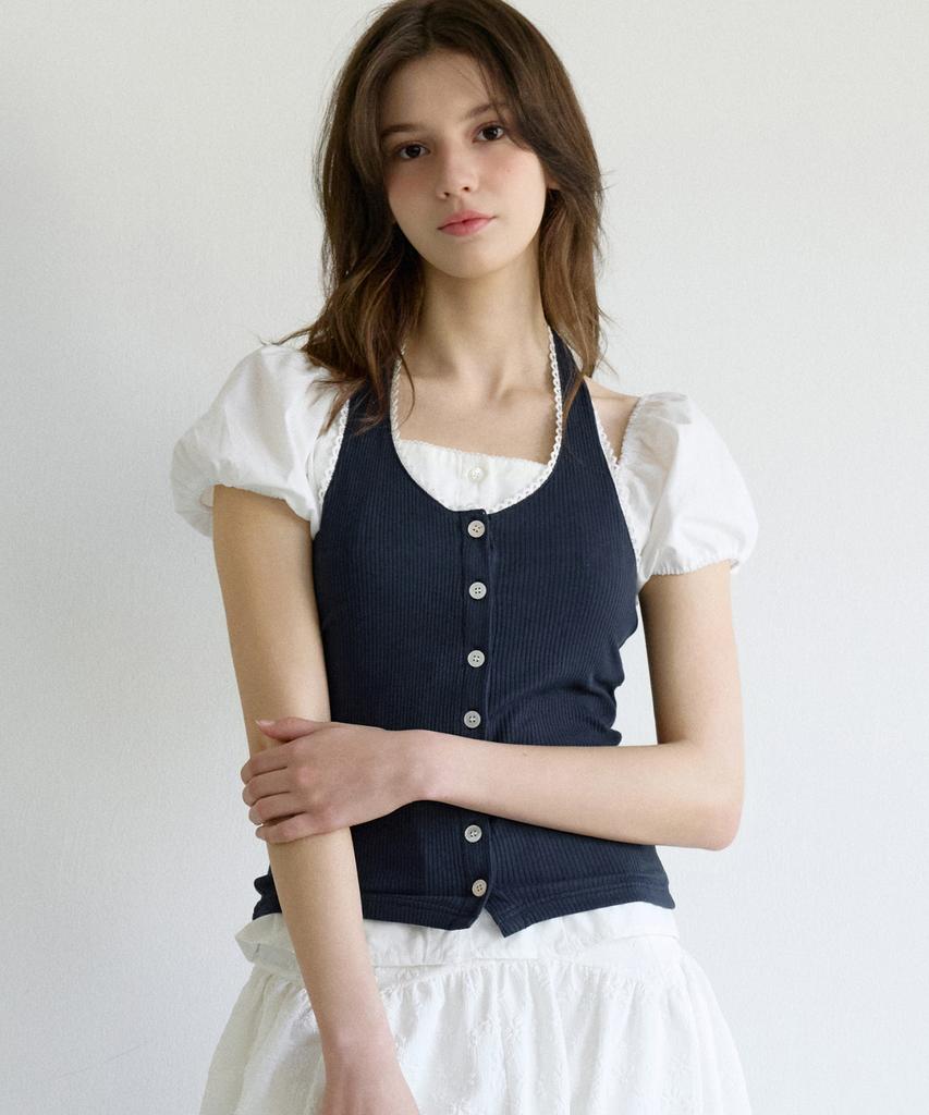 LETTER FROM MOON Lace Button Halterneck Top (Navy)