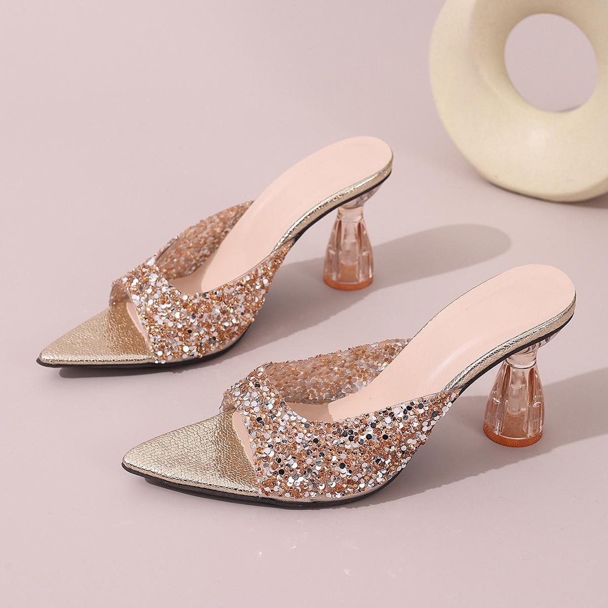 

Fashion and popular summer new style one-word slippers sequined high-heeled cool slippers women s open-toed women s slippers 42 шампанського