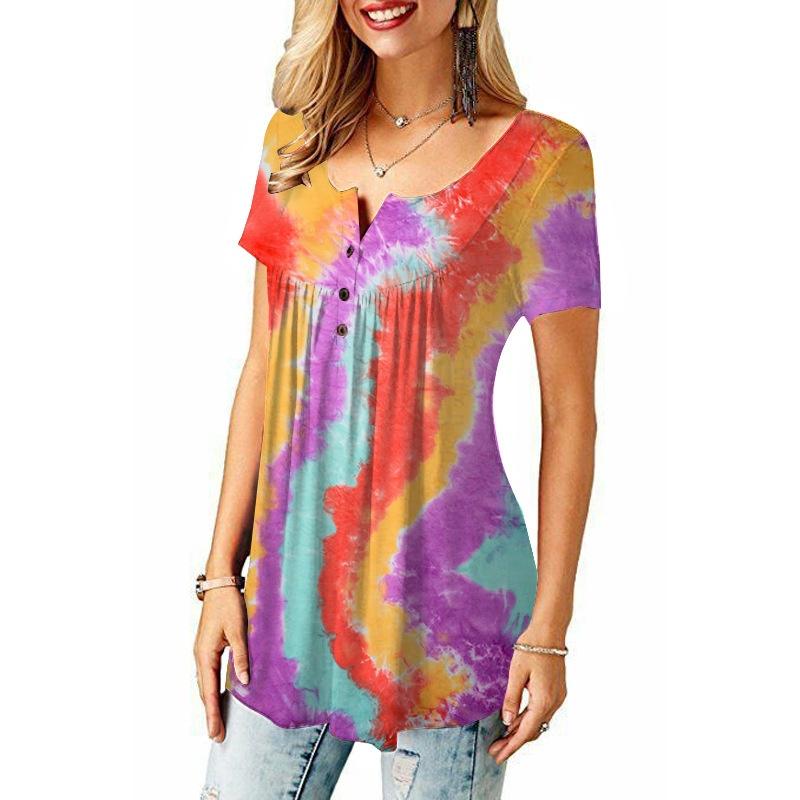 Women Short Sleeve Tie Dye T-shirt Plus Size Ladies Summer Casual Loose Tunic Tops