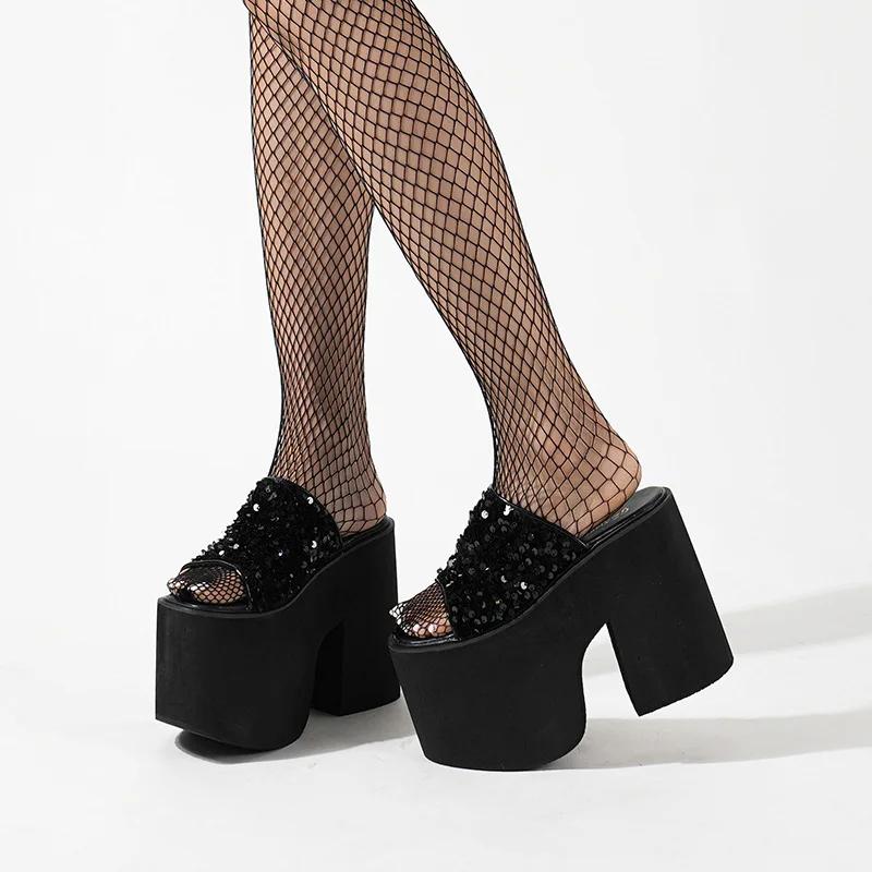 Fashion 13cm Chunky Heel Sandals For Women Black Platform Open Toe Slippers Punk High Heels Slippers Summer Sequin Shoes Sandalias Mujer