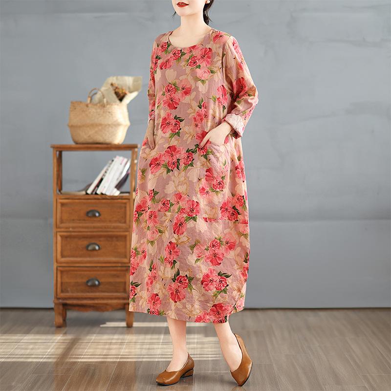 Early Spring Vintage Round Neck Long Sleeved Patchwork Artistic Loose Fit Plus Mid Length Dress