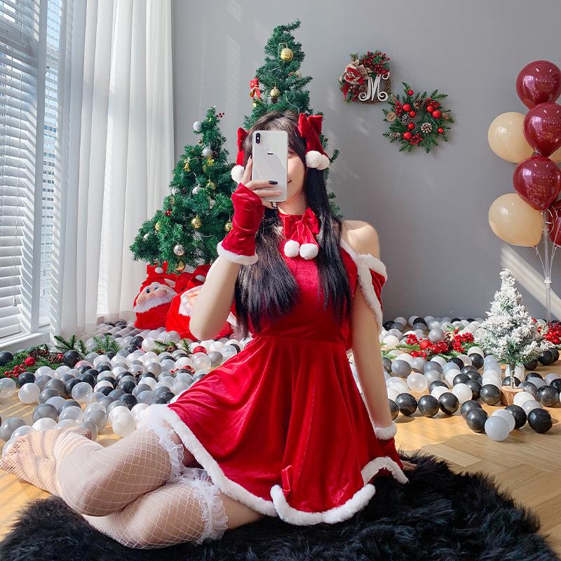 New Christmas clothing Christmas suit cute sweet sexy nightgown golden velvet skirt Halloween performance clothes