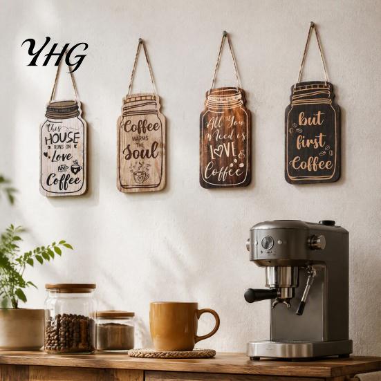 Wooden Coffee Wall Art 4Pcs Bar Sign, Farmhouse Rustic Mason Jar Hanging Restaurant Decorative Wood Plaque Decoration, for Cafe Kitchen Dining
