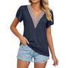 Camiseta de verano para mujer, camisetas de Color liso con manga corta y cuello en V de encaje dorado