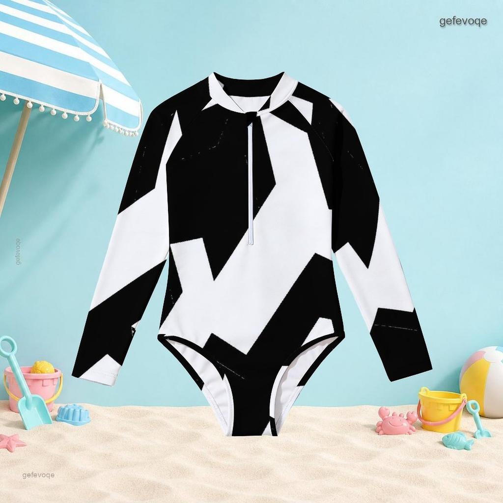 Girls High Neck Long Sleeve Front Zip One Piece Swimsuit Black White Geometric Printed