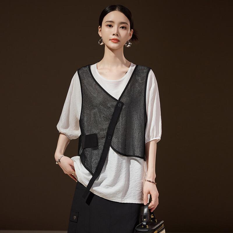 Women s Faux Two-Piece Spliced Round Neck T-Shirt