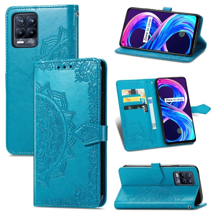 Dla OPPO Realme 8 / 8 Pro 4G Wzór wytłaczany Mandala Skórzane etui z klapką poziomą z uchwytem i przegródkami na karty i portfelem i smyczą(Fioletowy)