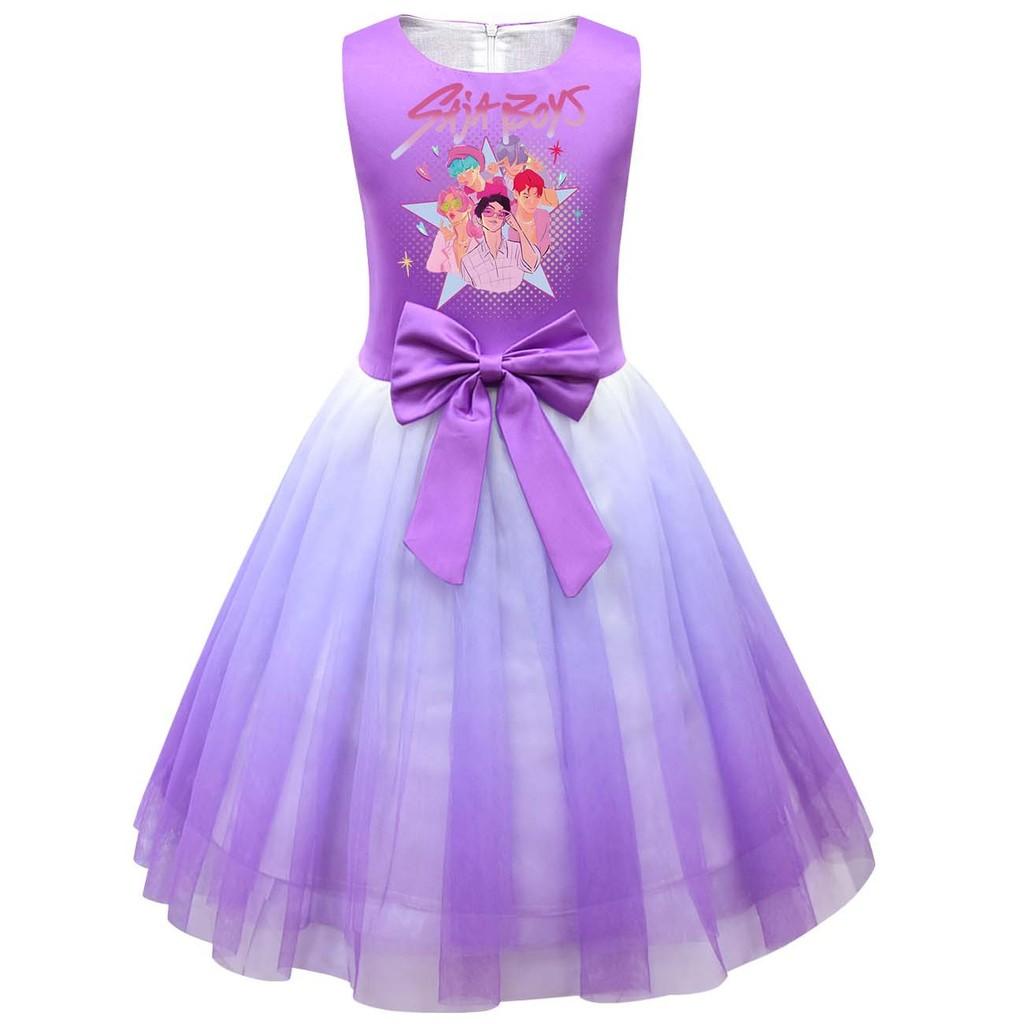 Kinder Mädchen Prinzessin K-POP Rumi Zoey Mira Print Schleife Ärmellos Mesh Tutu Kleid