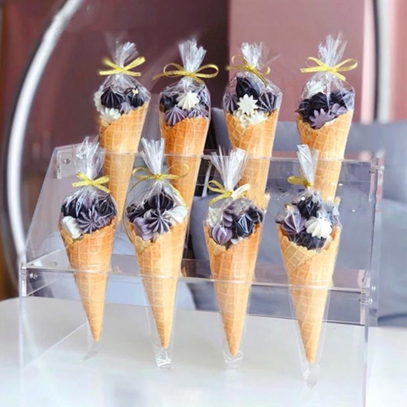 100Pcs Clear Cone Candy Storage Bags Cones Transprant Plastic Bag Popcorn Candy Bags For Baby Shower Wedding Party Bags Supplies