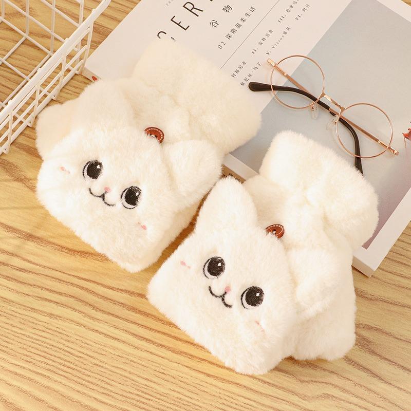 Women Plush Warm Glove Fur Lovely Rabbit Cat Mittens Flip Fingerless Gloves Soft Girls Thick Gloves Flexible Half Finger Winter