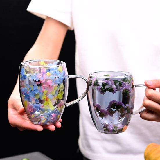 Double Wall Glass Coffee Mug with Handle High Borosilicate Heat Resistant Cup Colorful Petal Design Hot