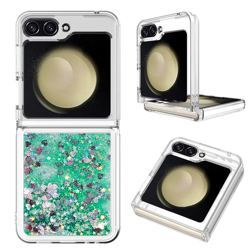 

For Samsung Galaxy Z Flip6 5G TPU Case Glitter Quicksand Shockproof Phone Back Cover Green/Hearts