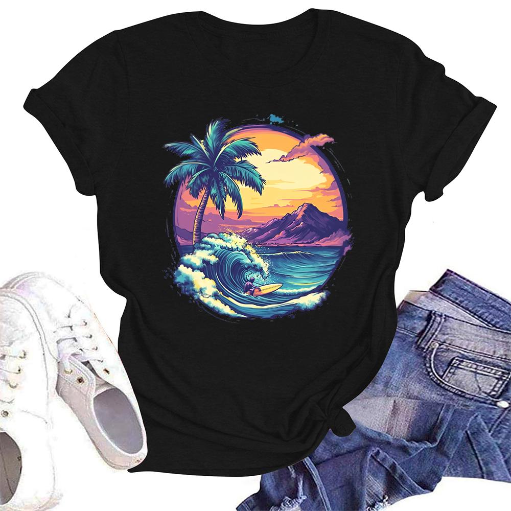 T-shirt casual da donna ampia stampata girocollo pullover manica corta top