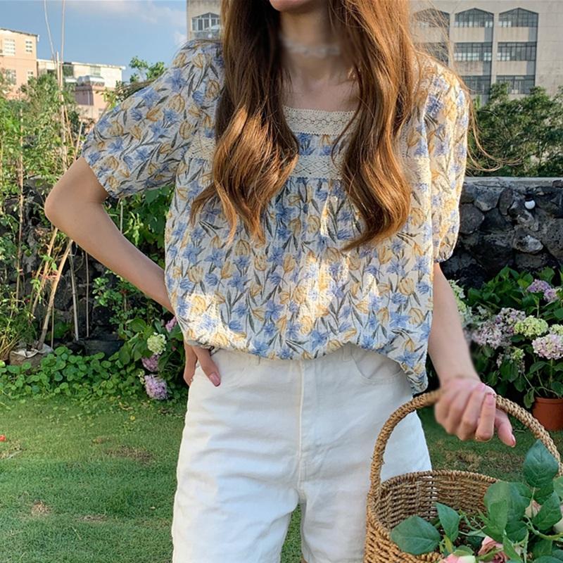 

Квадратный воротник с цветочным принтом Кружева в стиле пэчворк Симпатичные шифоновые рубашки с короткими рукавами Блузки S