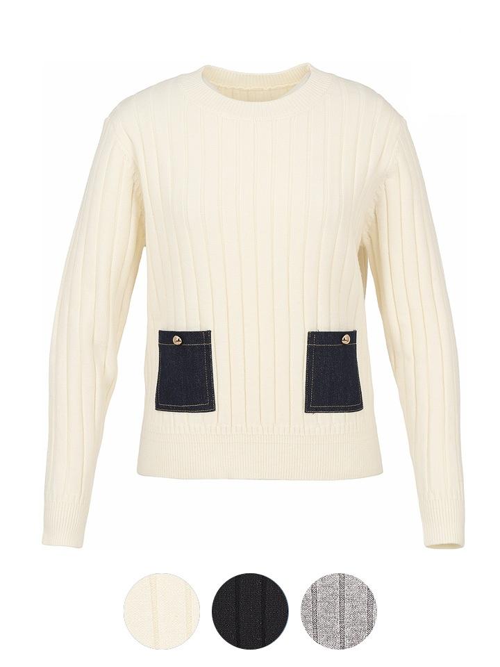 KIM YOUNG JOO GOLF Spring/Autumn Denim Pocket Round Sweater Daily Women'S Ribbed Knit Dqslnt06