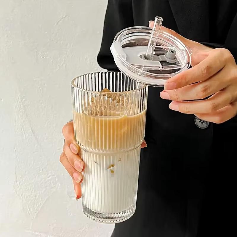 1pcs/2pcs/4pcs Glass Cups with Straws and Lids, Vertical Stripe Pattern, Elegant Home Use for Iced Drinks & Coffee