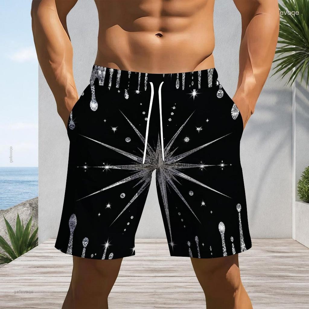 Mens Black Gold Glitter Drip Print Quick Dry Beach Shorts Plus Size Drawstring Loose Swim Trunks For Summer Surfing Swimming Vacation