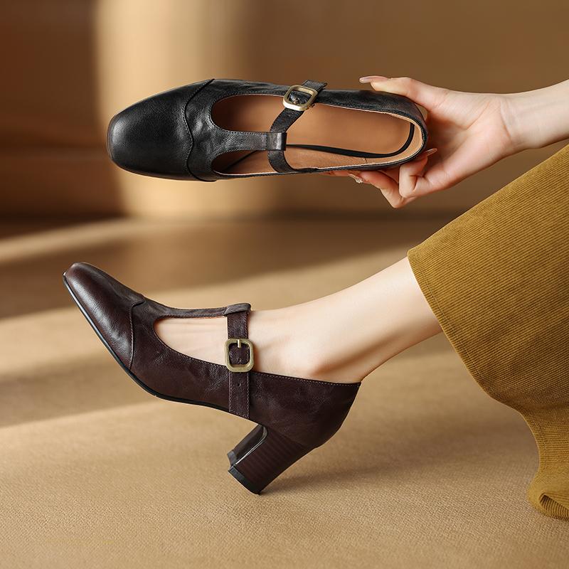 Fashion 2024 Spring Mary Janes Genuine Leather Women Shoes Square Toe Thick Heel Women Buckle Strap Commute Pumps Retro High Heels