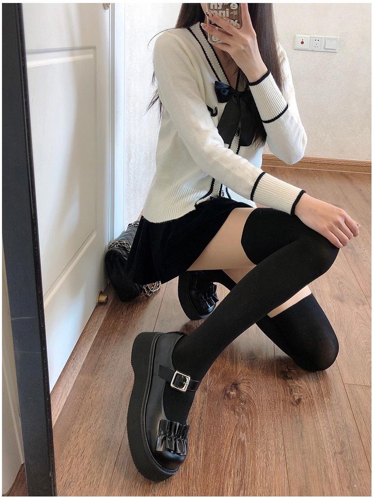 Women's Lolita Black Stockings: Spring/Autumn Over-the-Knee Patchwork Thigh-High, JK Pantyhose, Black & White