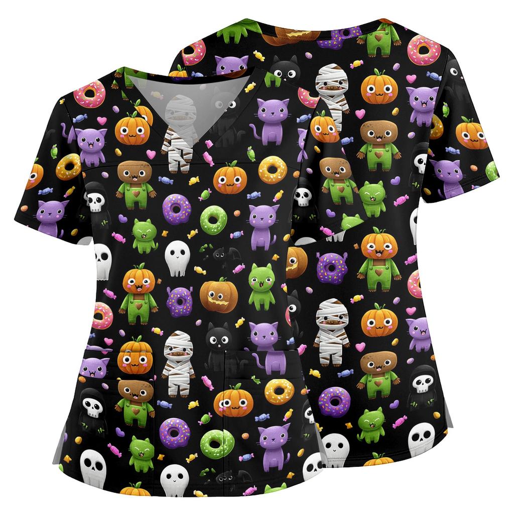 Womens V Neck Halloween Print Medical Scrub Top with Pockets Side Slits Short Sleeve Work Shirt for Healthcare Professionals