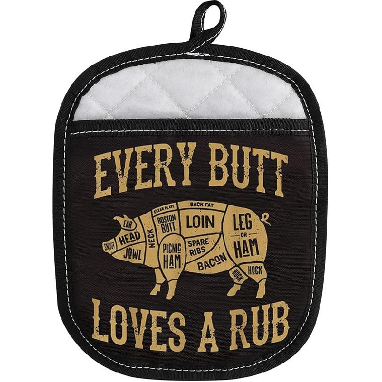 LEVLO Funny Pig Pork BBQ Grill Oven Mitt With Hot Pads Pig BBQ Lover Gifts Every Butt Loves A Good Rub Pot Holder For Friend Family Pork Rub (Every Every Butt Loves