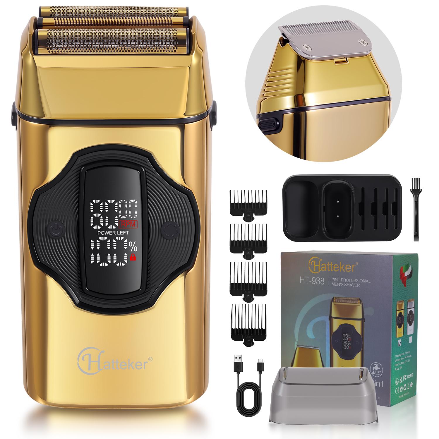 

Hatteker Электробритва и триммер для волос 2-в-1 для мужчин Регулируемая бритва с несколькими скоростями с водонепроницаемым дизайном Долговечный аккумулятор и система ухода за кожей золотой