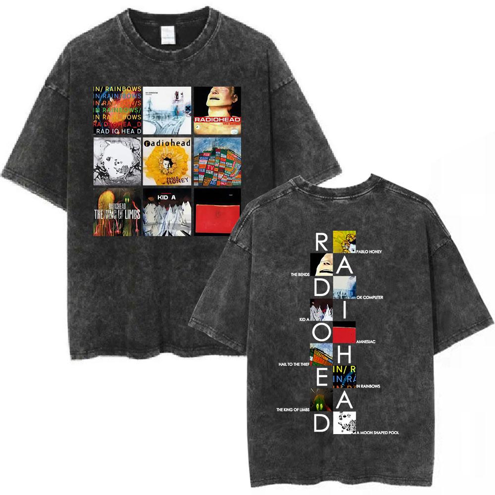 Rock Band Radiohead Album Cover Vintage Washed T Shirt Men's Women Gothic Retro Tee Shirt Casual Oversized T-shirts Streetwear