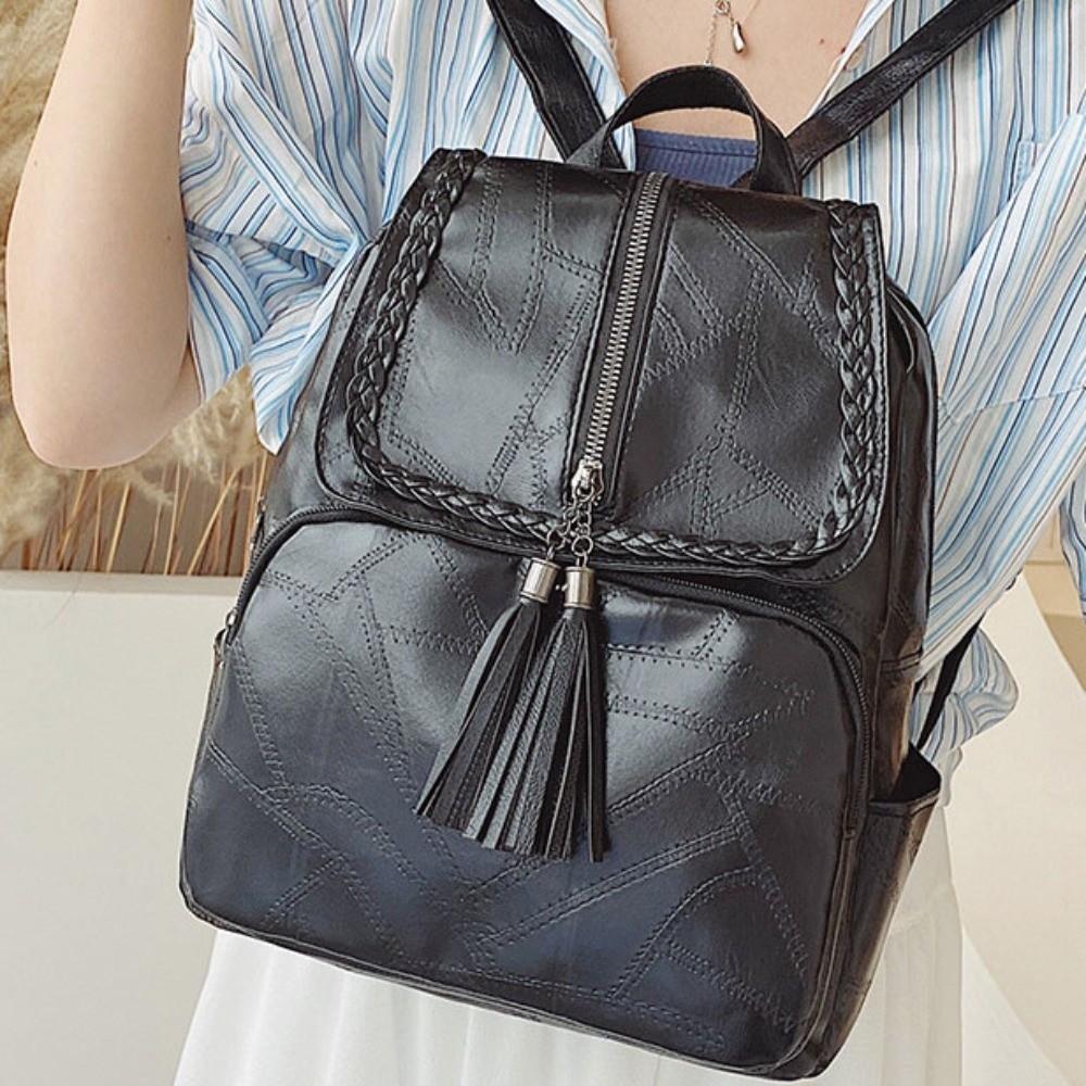 Retro Solid Color PU Leather Backpack Zipper Korean Style Tasse Shoulder Bag Black Handbag Students School Bag Gift