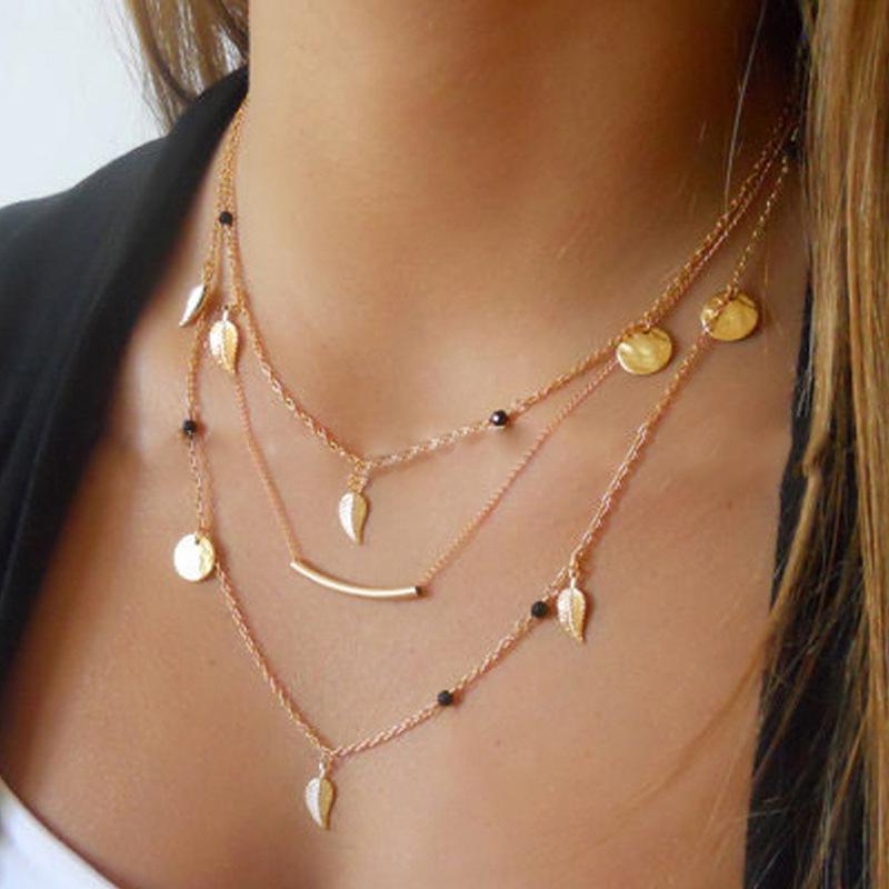 

Multi-element combination necklace, sequined leaf fringed pendant, multi-layer necklace. золотой