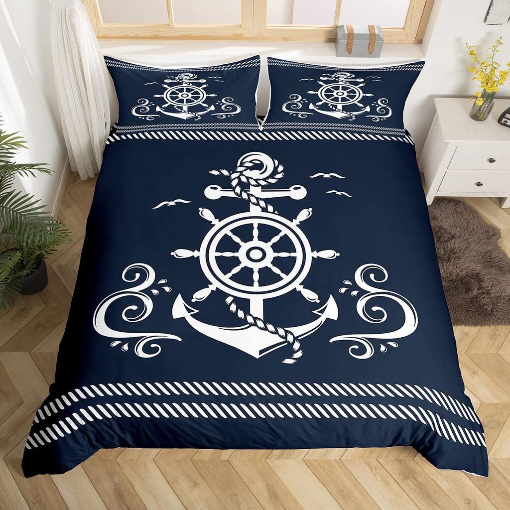 Vintage Anchor Duvet Cover Twin King, Nautical Theme Bedding Set Sailing Boat Sea Turtle Bed Cover, Compass Starfish Quilt Cover