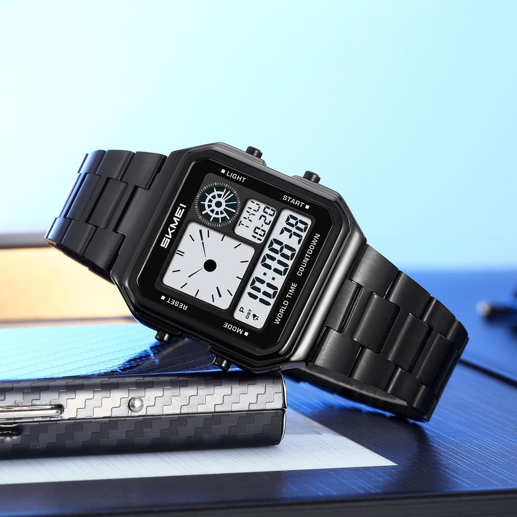 Square men's watch steel belt multi-functional 30-meter waterproof electronic watch 5 groups alarm clock electronic watch men