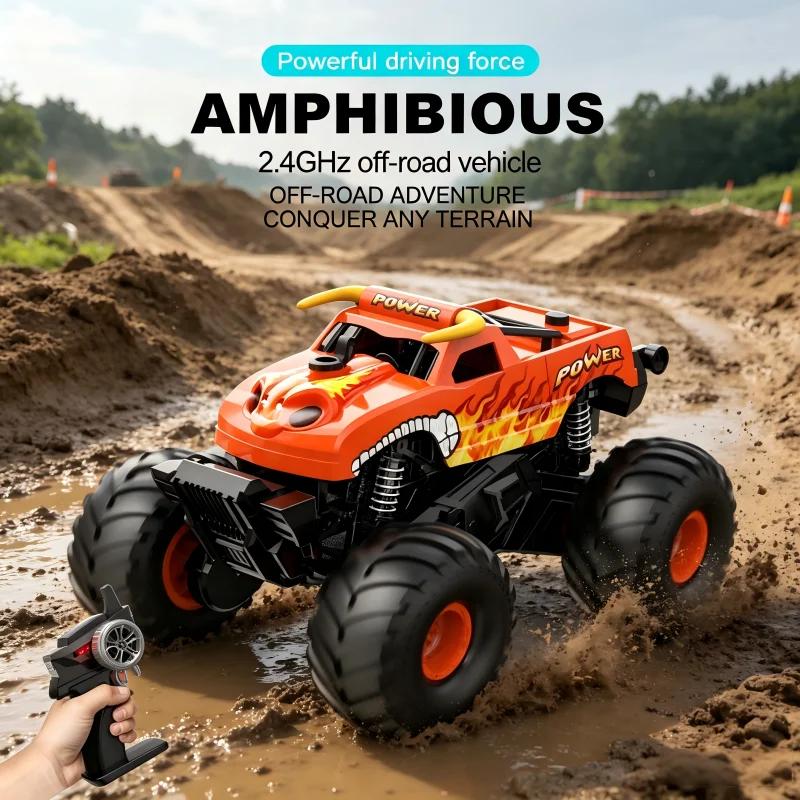 Amphibious RC Monster Truck, 2.4GHz Off-road Car with Mist Spray, 360° Rotation, Waterproof, 1 Click Stand Up for Kids
