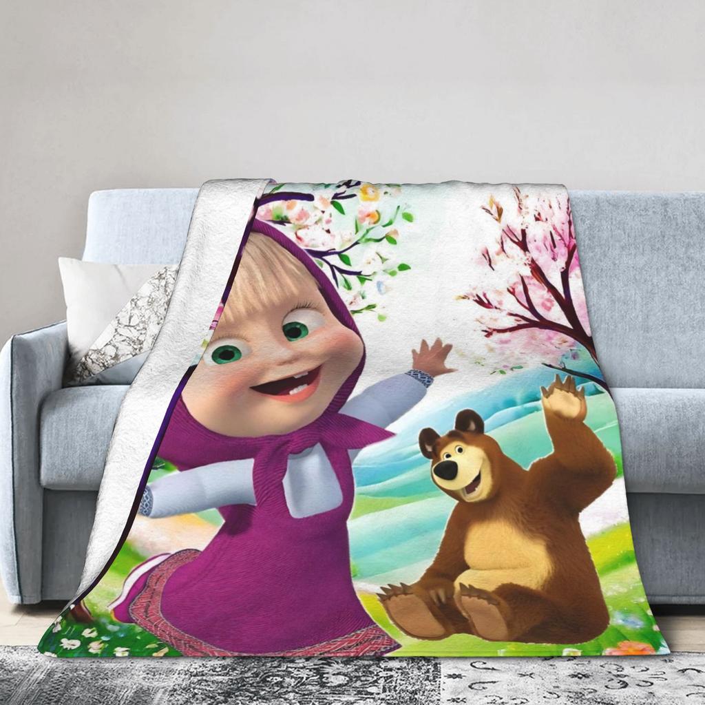 Cute Cartoon M Masha and Bear Blanket Coral Fleece Plush Summer Multi function Soft Throw Blanket for Sofa Travel Bedspread