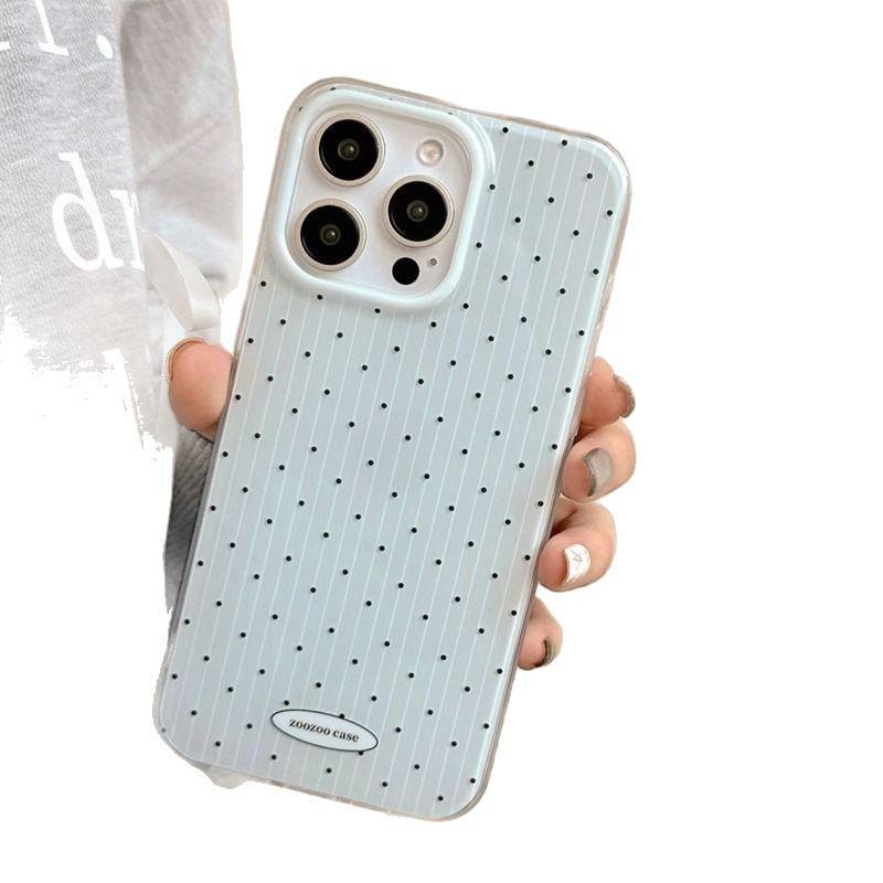 La coque de téléphone portable iPhone17promax à rayures bleues et pois est adaptée pour Apple 16promax coque IMD fond blanc 15.