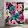 Colorful Hibiscus Shower Curtain Premium Quality Fabric Bath Decor for Home Decoration in Pink Blue Floral Pattern Design