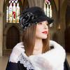 Vintage 1920s Wool Cloche Hat Black Elegant Floral Feather Church Fascinator Hat Derby Dress Hat with Satin Rose Embellishment