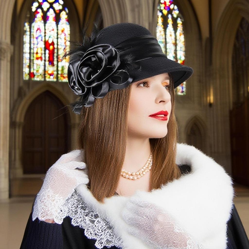 Vintage 1920s Wool Cloche Hat Black Elegant Floral Feather Church Fascinator Hat Derby Dress Hat with Satin Rose Embellishment