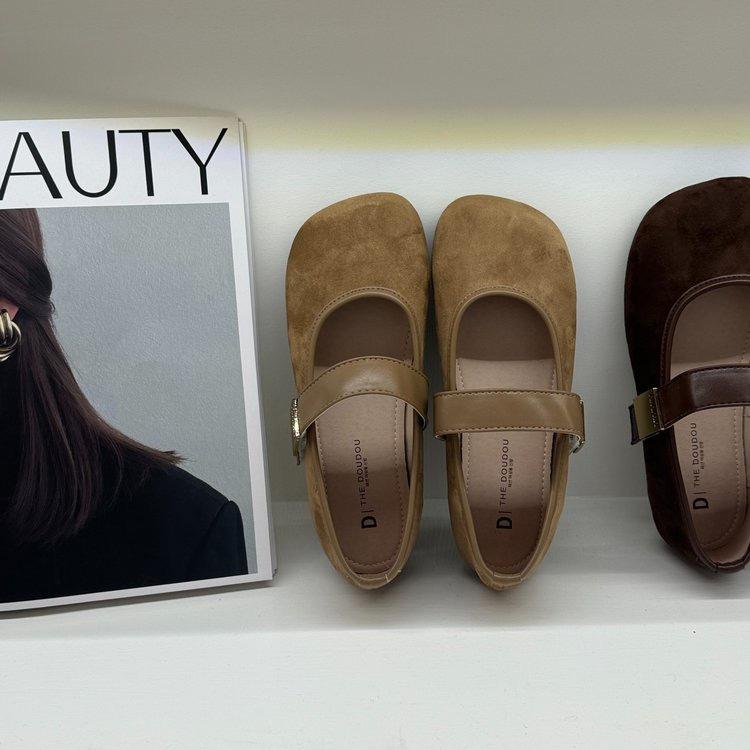 Retro round head suede flat bottom shallow mouth single shoes women's spring and autumn new gentle word with Mary Jane shoes
