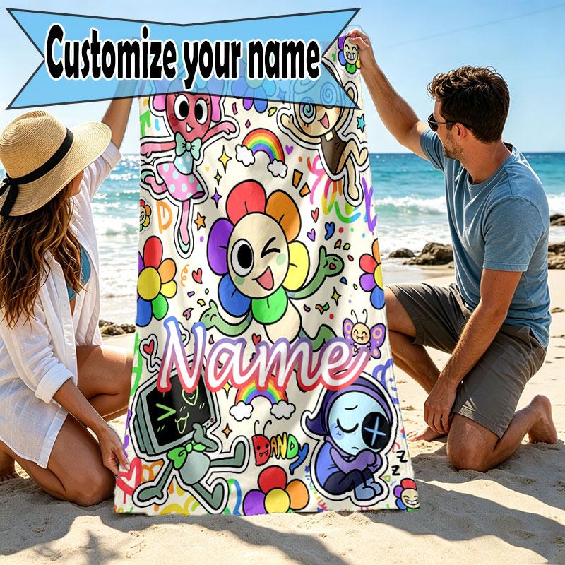 Custom Name Personalized Dandy's World Print Beach Towel, for Trip Camping Beach Party Home Decor, Birthday Gift for Family & Friends
