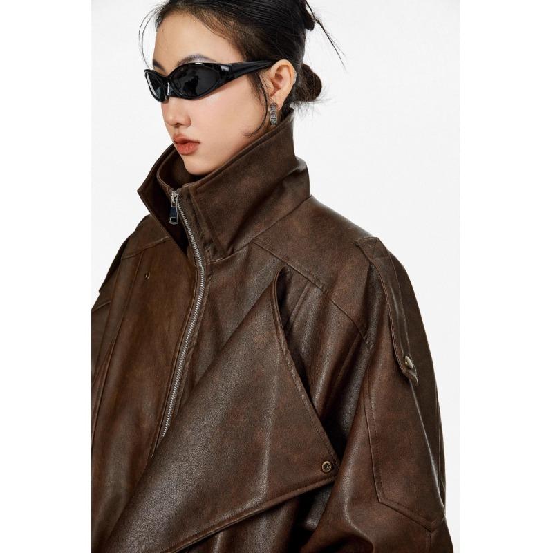 American Retro Brown Leather Jacket for Women's Spring, Autumn and Winter New Motorcycle Leather Jacket Top