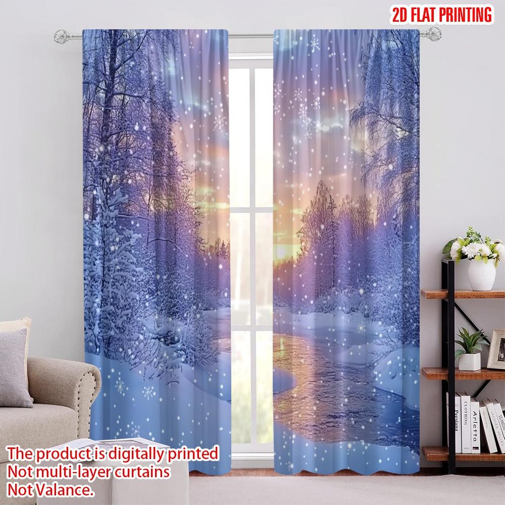 

Set Of 2 Flat Printing Merry Christmas Popular Curtain Snow Forest Polyester Without Electricity Festive Holiday Use Made W100*H70(CM)-Hooks&2PCS