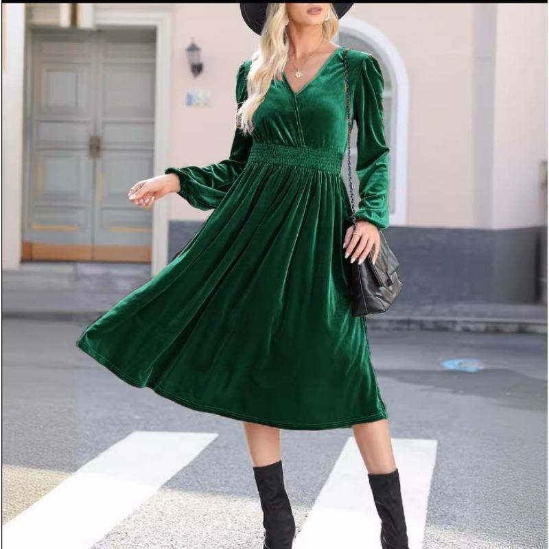 Autumn and Winter Solid Color Outside Long-sleeved Dress Commuter V-neck Pleated High-waisted Dress