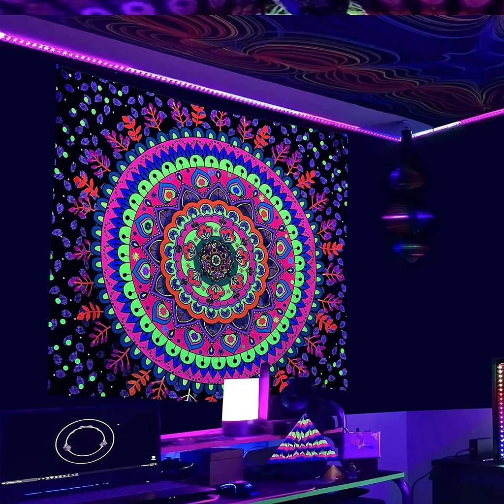 Psychedelic Black Light Mandala Fluorescent Tapestry Buddha Uv Reactive  Wall Hanging Hippie  Room Decoration