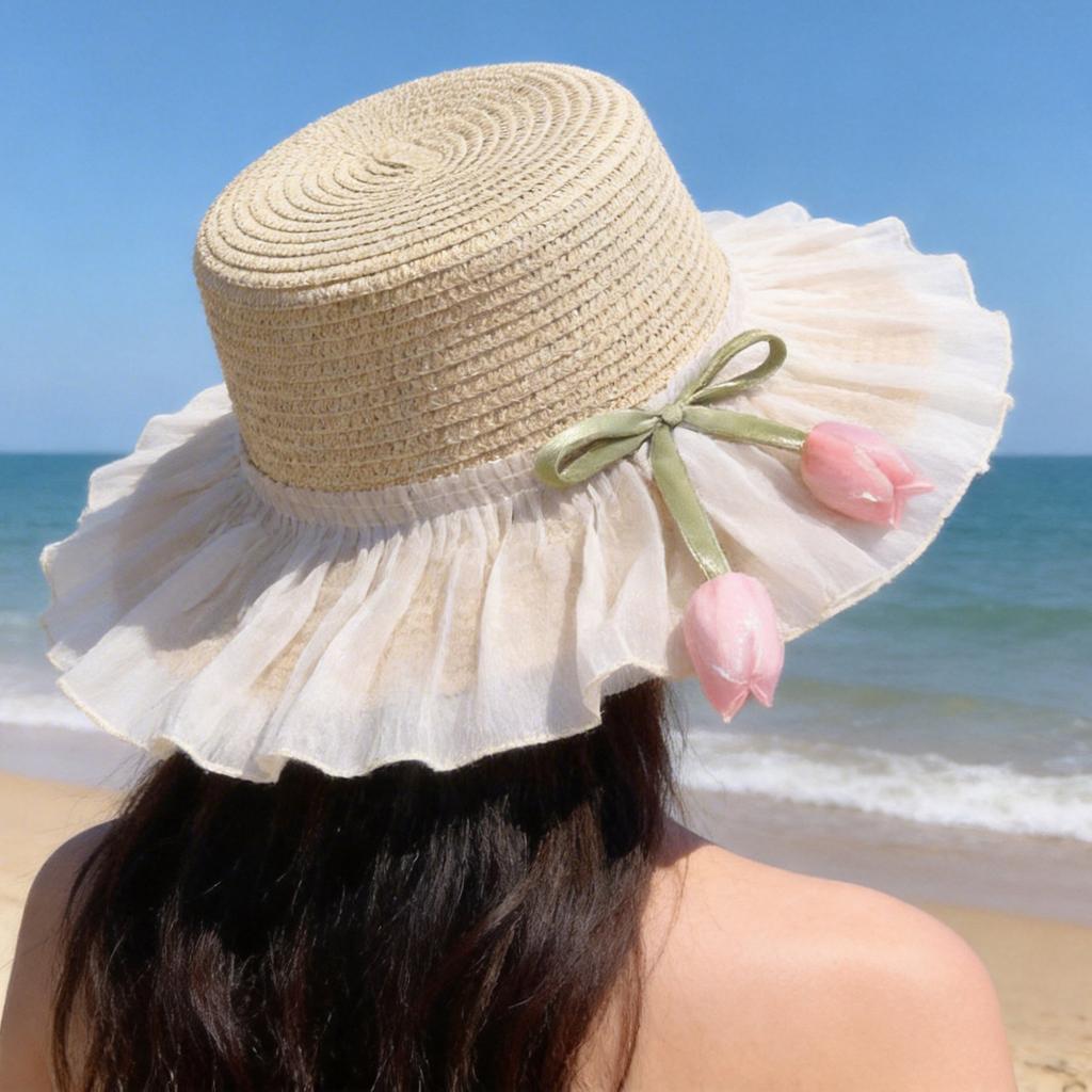 Tulip Lace Straw Hat Children Summer Seaside Beach Vacation Wind Shade Sun Protection Large Brim Sun Hat