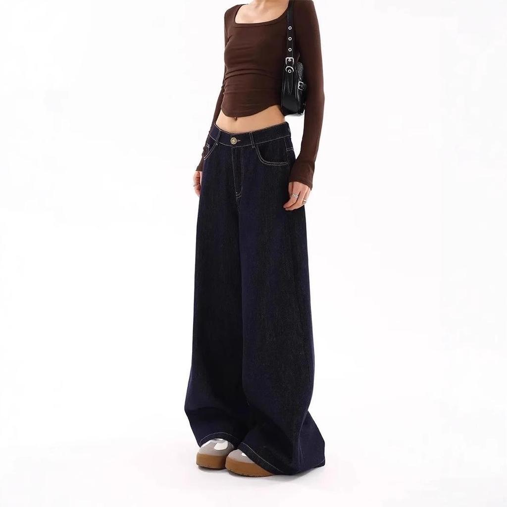2025 Deep Blue High-Waisted Wide-Leg Denim Pants - Trendy, Slimming, Loose Fit, Ideal for Early Spring
