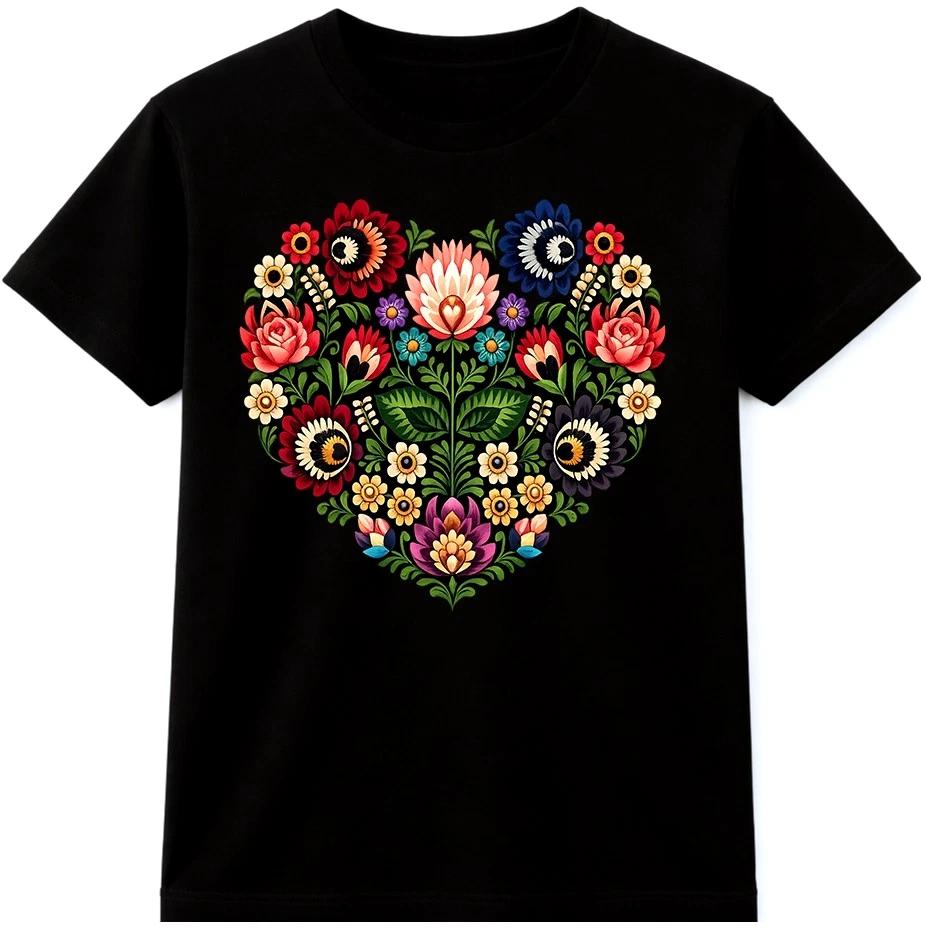 

Folk Art Floral Heart T Shirt Botanical Flower Graphic Tee 4XL