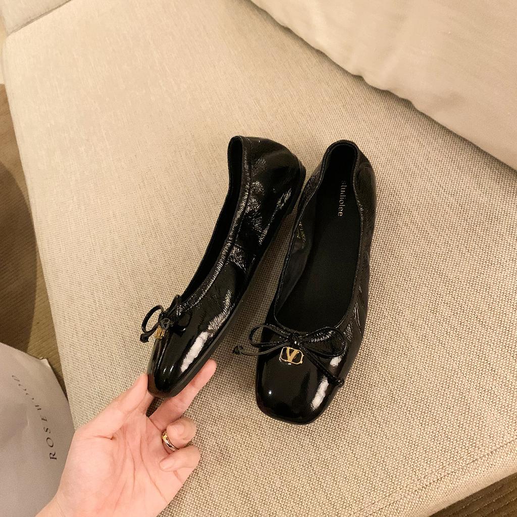 Genuine leather~ grape mother super soft sheepskin ballet flats women's round head shallow mouth commuting gold buckle bow single shoes