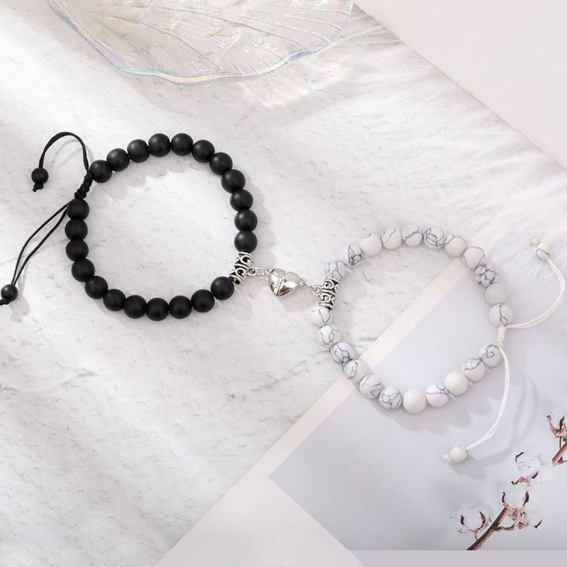 2 Pieces Natural Stone Beads Magnetic Bracelet Couple Connecting Bracelet Valentine's Day Gift for Couple Him and Her
