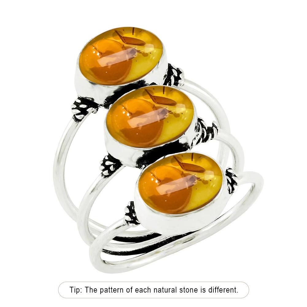 S Sterling Silver Ring With Natural Amber Stone Flower Shape Oval Petal Amber Stone Gifts Fine Jewelry For Women